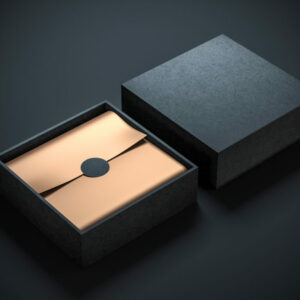 Two,Square,Black,Boxes,Mockup,With,Golden,Wrapping,Paper,,Opened